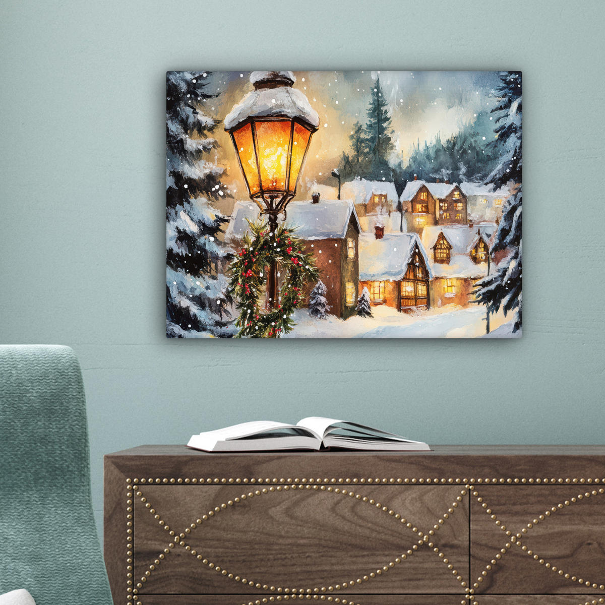 LEINWANDBILD Weihnachtsdorf - Häuser - Schnee - Weihnachten Wandbild 40x30 cm - Sandfarben, Textil (40/30cm) - MuchoWow