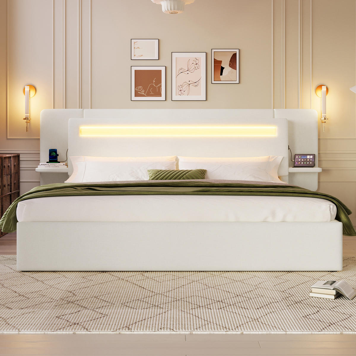 POLSTERBETT 180 x 200 cm in beige, mit hydraulischem Stauraum und integriertem Nachttisch - Beige, Holz/Textil (180/200cm) - KOMHTOM