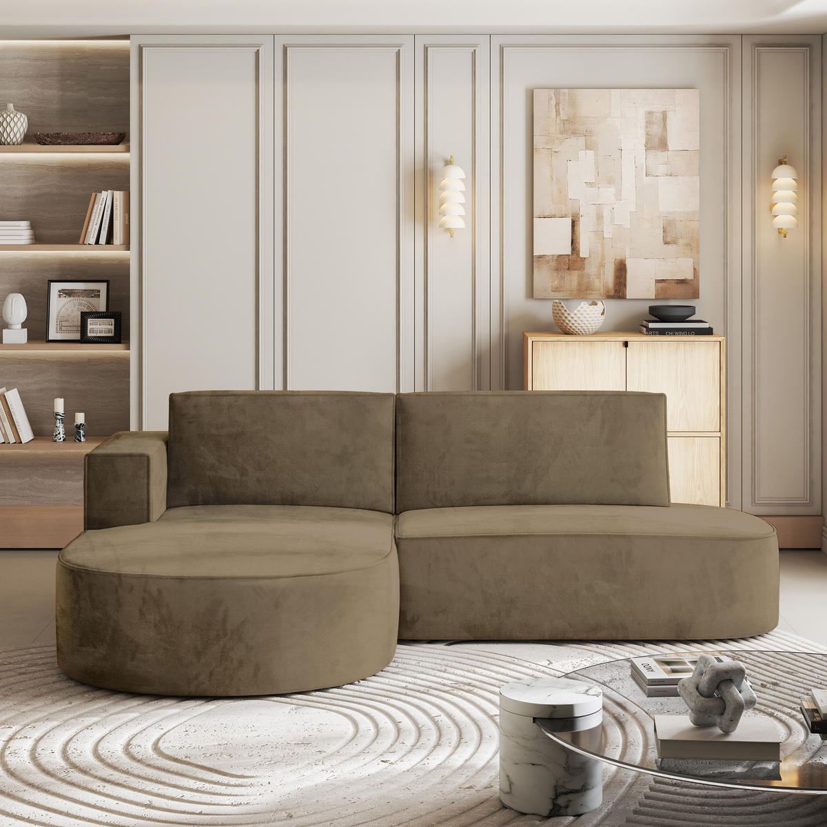 ECKSOFA CORTIO M L-S Beige Velours-Stoff mit Schlaffunktion - Beige/Grau, Holz/Kunststoff (265/174cm) - MASSENO