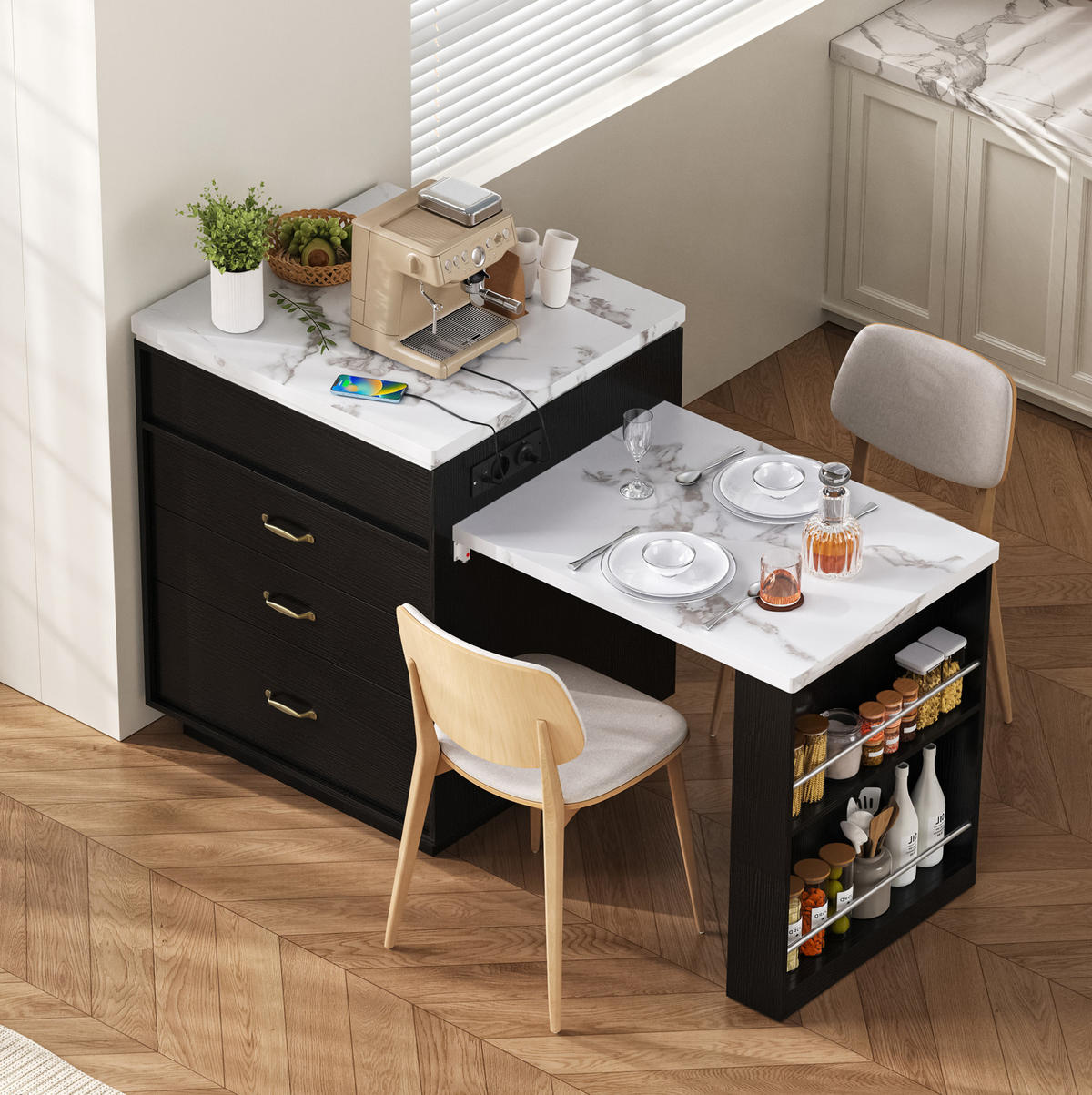 KUHINJSKI otok 125,5–187,5/71/93 cm z LED osvetlitvijo, USB/Type-C polnilom, raztegljivo mizno ploščo iz MDF, Črna - črna, leseni material (125.5/93/71cm) - Redom