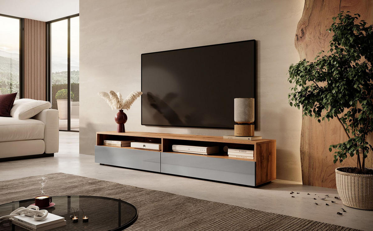 TV-LOWBOARD Rednaw Eiche/Grau Hochglanz 180 cm - Eiche Wotan/Grau, Holzwerkstoff (180/30/31cm) - Selsey