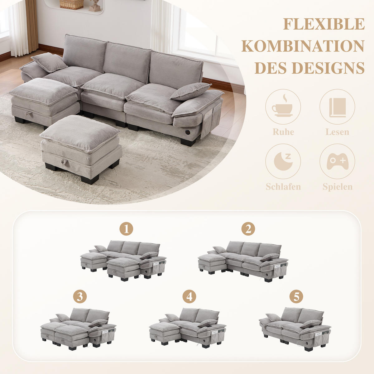 WOHNLANDSCHAFT Cord Hellgrau mit USB-C, Seitentaschen und mit 2 Hocker - Hellgrau, Holzwerkstoff/Kunststoff (260/84/132cm) - WISHDOR