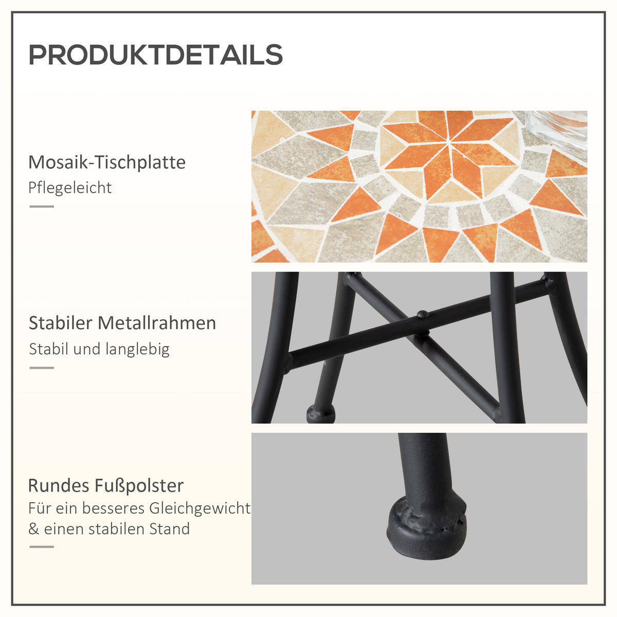 Ø35,5 cm Beistelltisch Gartentisch wetterfest Mosaik für Garten Balkon Gelb+Grau - Gelb, Keramik/Metall (35.5/35.5/53.5cm) - Outsunny