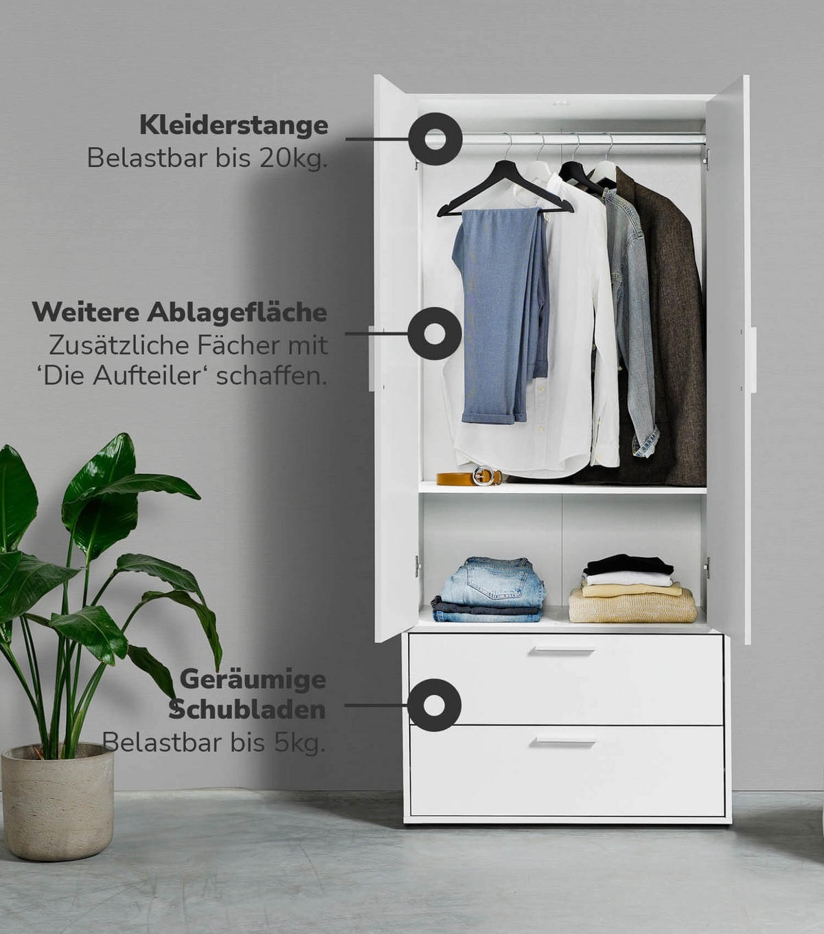 KLEIDERSCHRANK Der Kleiderheld - Weiß, Holzwerkstoff (80/180/51cm) - Mokebo