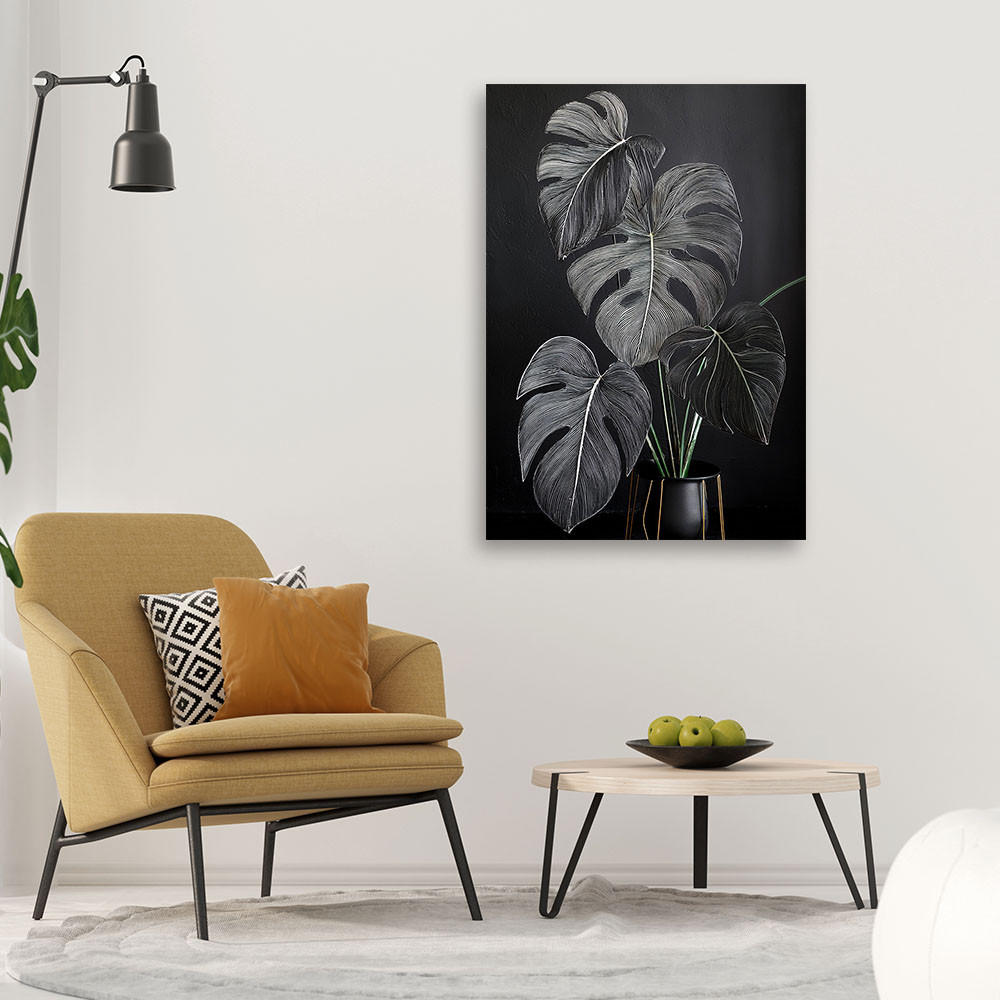 LEINWANDBILD Monstera hinterlässt Minimalismus schwarz 40x60cm - Grau, Textil (40/60cm) - Feeby