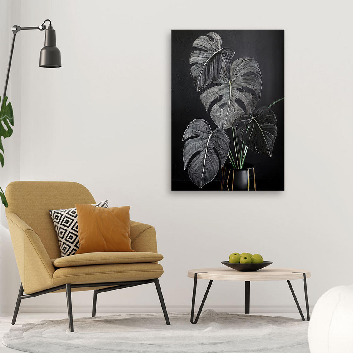LEINWANDBILD Monstera hinterlässt Minimalismus schwarz 40x60cm - Grau, Textil (40/60cm) - Feeby