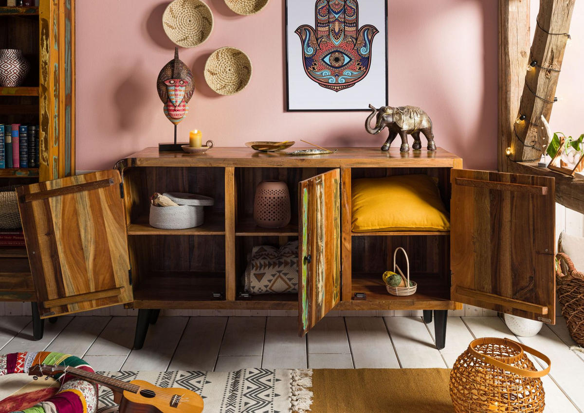 SIDEBOARD Altholz 150x45x86 mehrfarbig lackiert SIXTIES #111 - Multicolor, Holz (150/86/45cm) - Massivmoebel24