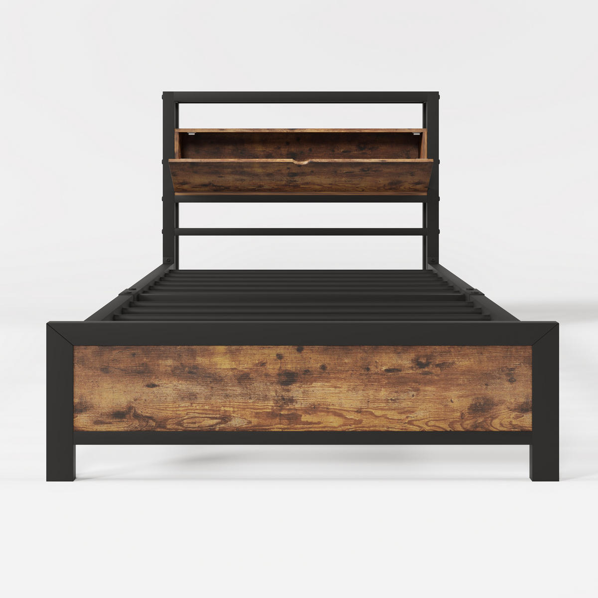 METALLBETT aus Metall und Holz 90x200 cm in Natur mit Stauraum-Kopfteil - Naturfarben, Metall (90/200cm) - Modfu