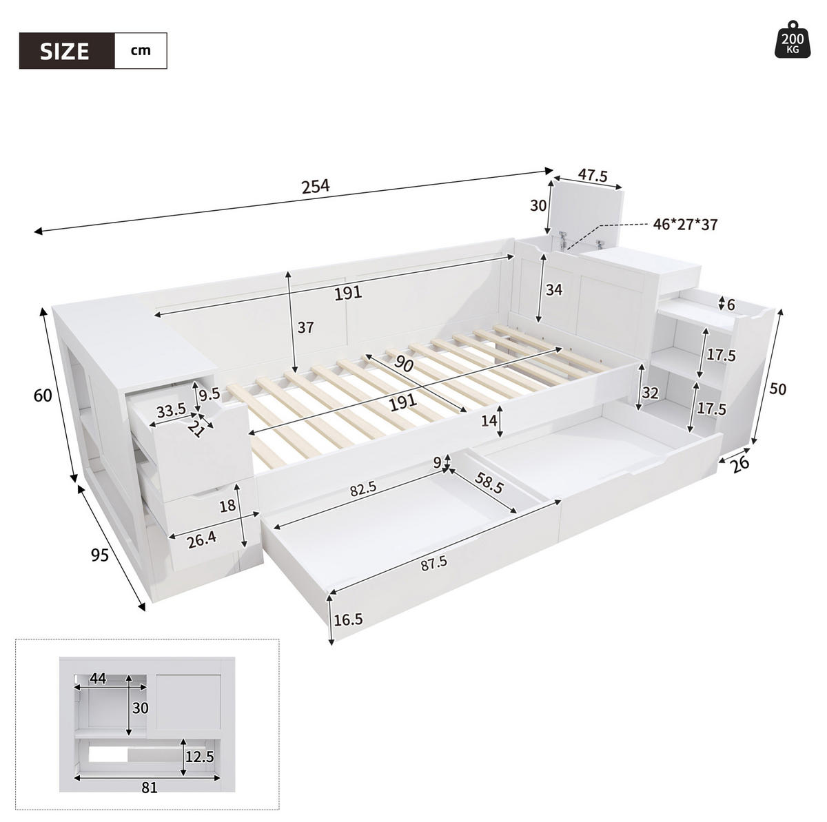 DJEČJI krevet od MDF-a 90x190 cm bijela s ladicama, bočnim prostorom za odlaganje i kliznim noćnim ormarićem - bijela, drvni materijal (90/190cm) - Modfu