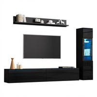 TV-WANDMÖBELSET 3-teiliges schwarz aus Spanplatte mit Hochglanzfronten und App-gesteuerter RGB-LED - Schwarz, Holzwerkstoff (180/130/30cm) - Luhomfu