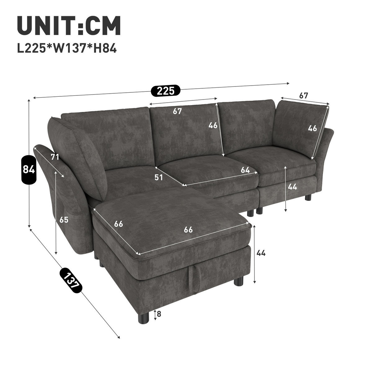 KUTNA SOFA s 4 sjedala u sivoj boji s tabureom sa spremnikom, od šenila - siva/crna, drvni materijal/tekstil (225/137cm) - CHICFURN