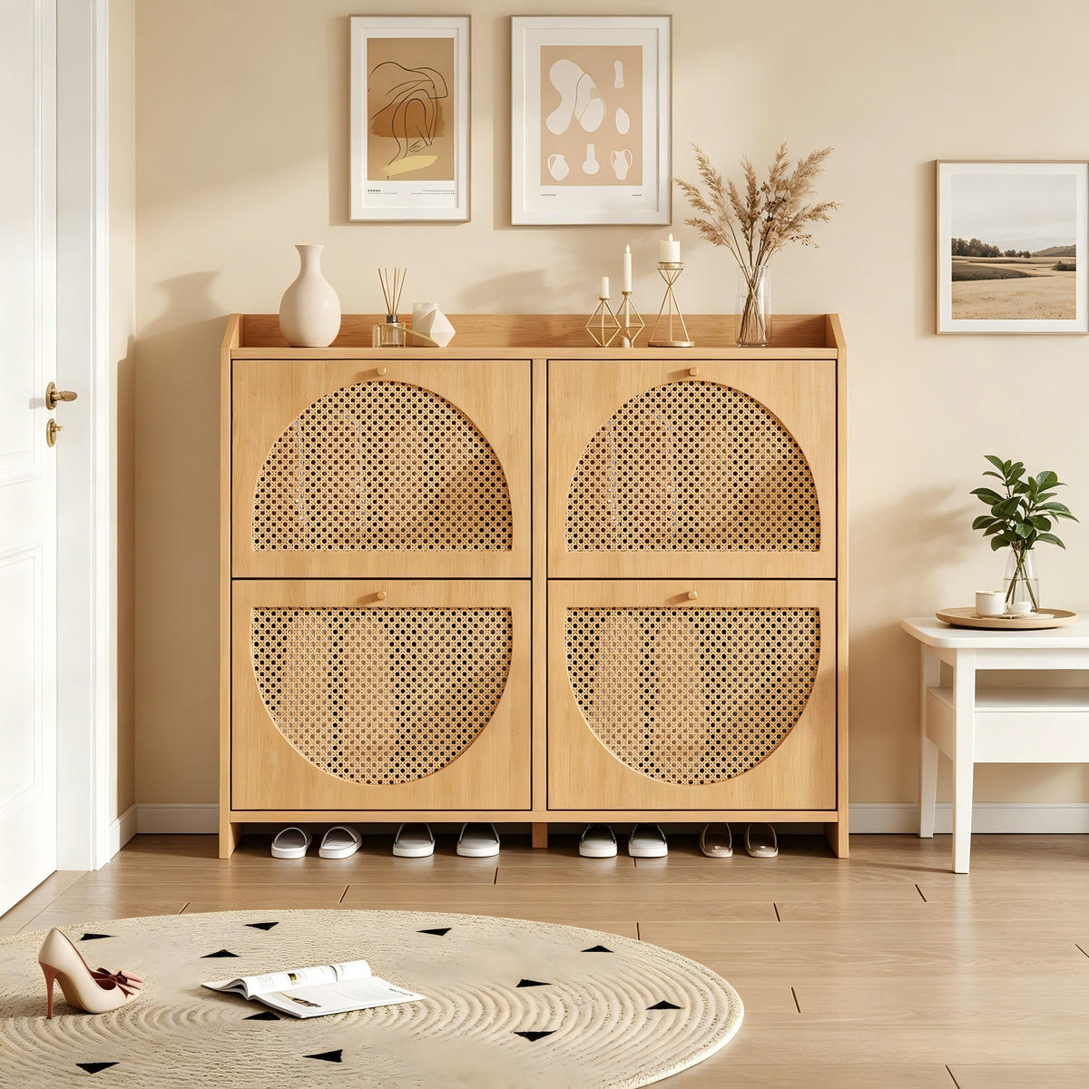 SCHUHSCHRANK 8 Fächer 2 Haken MDF Korbgeflecht Naturholz - Naturfarben, Holzwerkstoff (120/90/24cm) - FLIEKS
