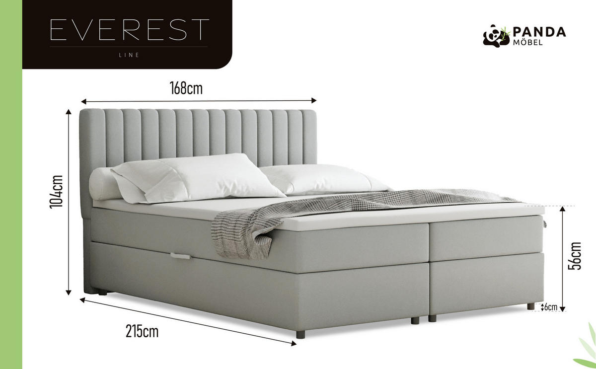 BOXBETT Everest grau 160 x 200 cm Doppelbett mit hochwertiger Bonell-Matratze und Topper - Hellgrau, Holz (160/200cm) - Panda Möbel