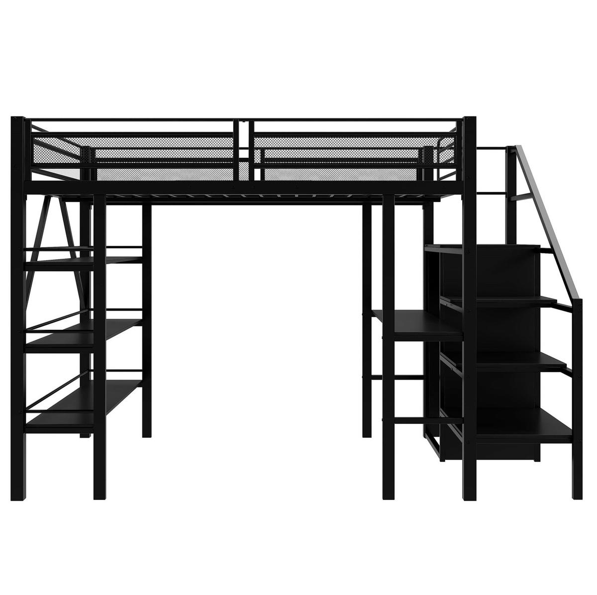 HOCHBETT 140/200 cm Schwarz mit Schreibtisch und Ablageregal aus Metall - Schwarz, Metall (140/200cm) - OKWISH