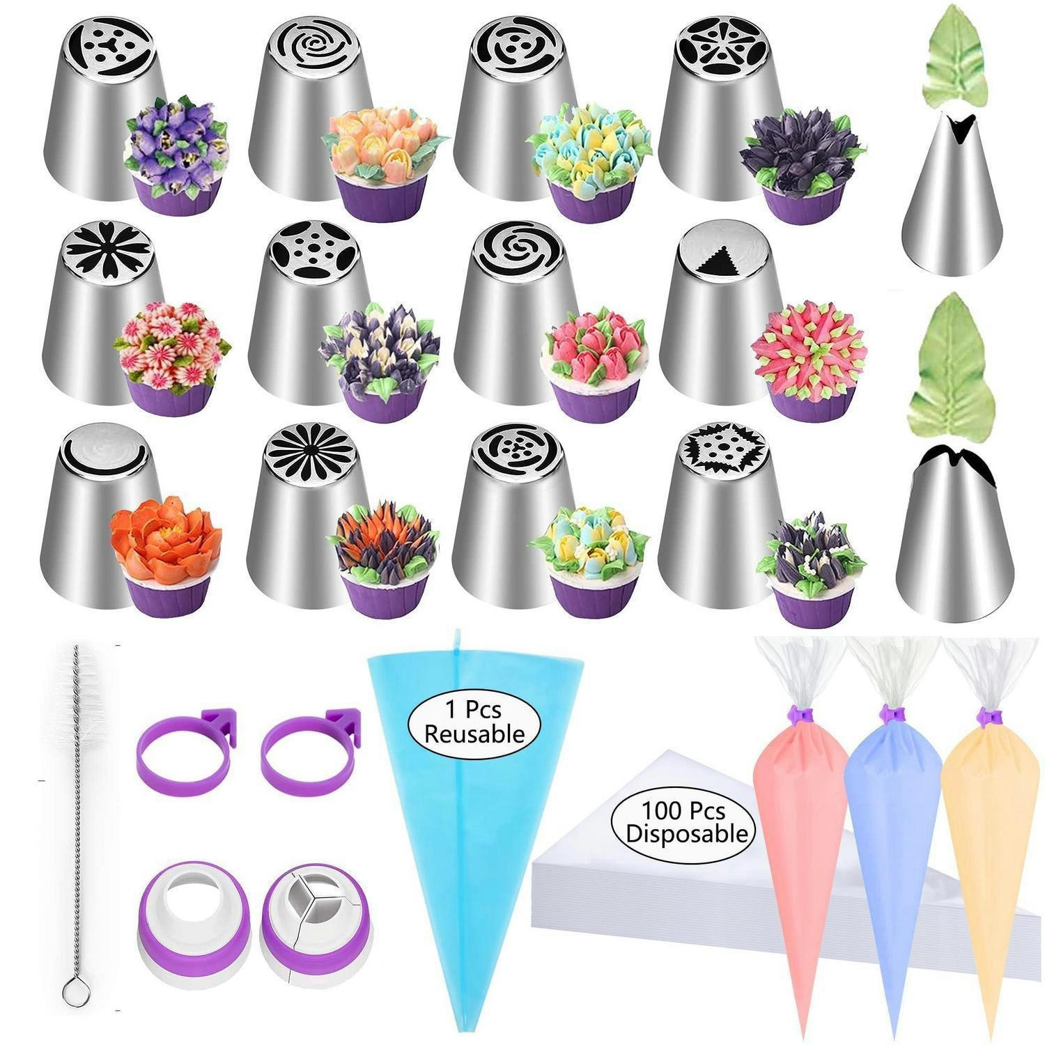 SPRITZBEUTEL und Düsen Set 120-teilig mit 14 Blumenmustern - Multicolor, Metall (21/1/35cm)