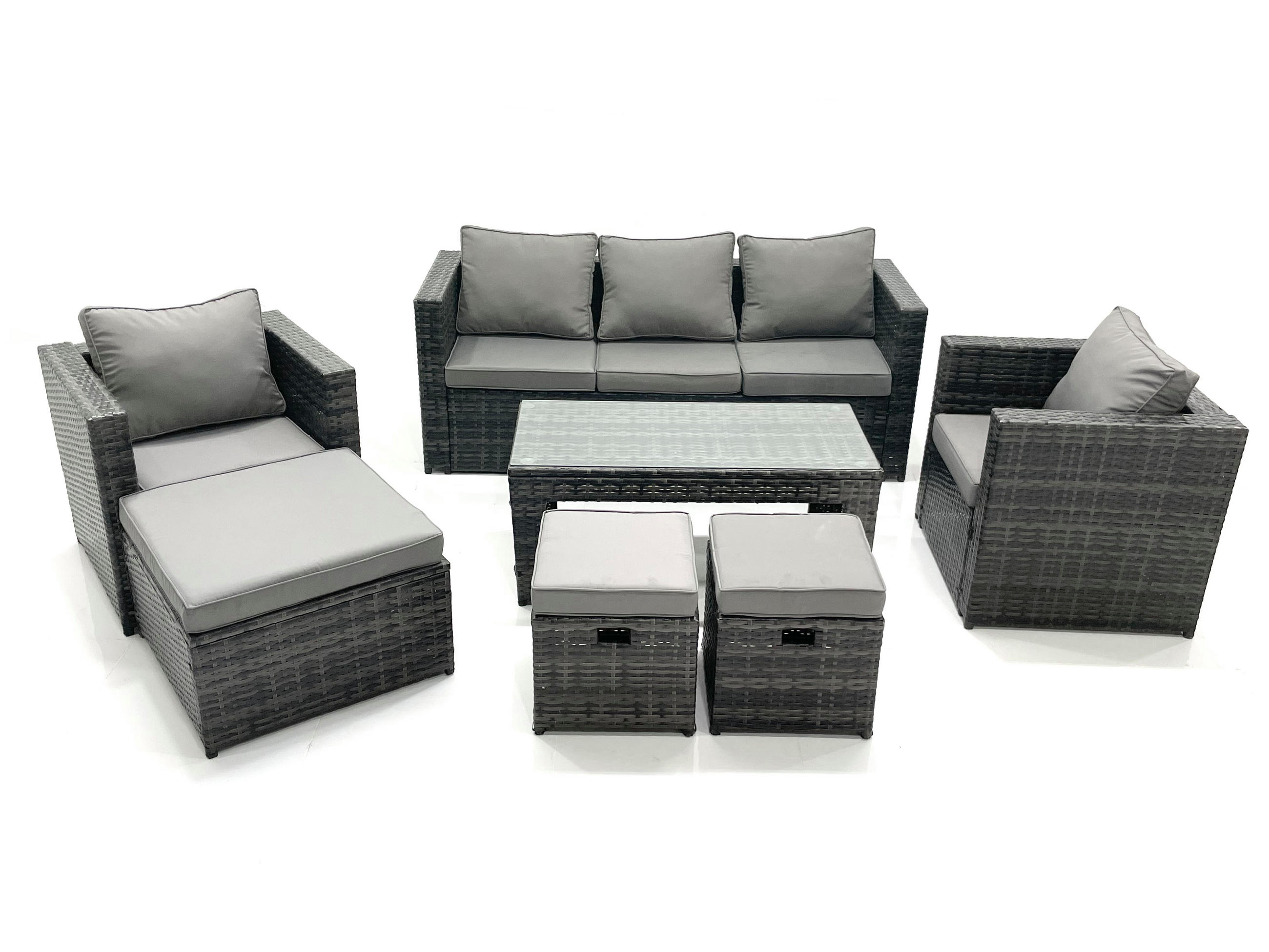 GARTENMÖBEL-SET COUCHTISCH SESSEL SOFA mit HOCKER Polyrattan Dunkelgrau Gemischt 8-Sitzer - Dunkelgrau/Grau, Glas/Kunststoff - Fimous