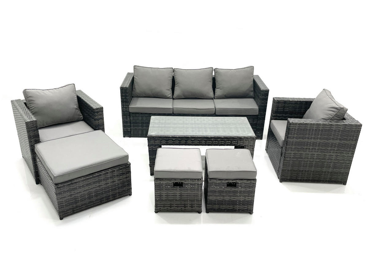 GARTENMÖBEL-SET COUCHTISCH SESSEL SOFA mit HOCKER Polyrattan Dunkelgrau Gemischt 8-Sitzer - Dunkelgrau/Grau, Glas/Kunststoff - Fimous