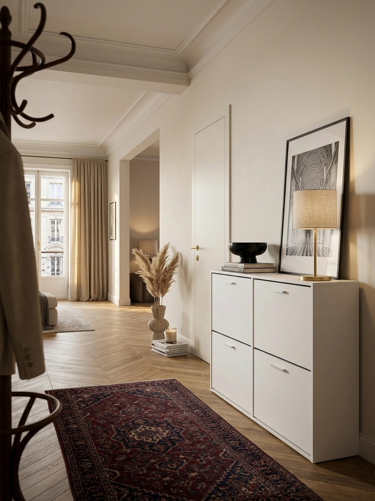 SCHUHSCHRANK Holz mit 4 Klappen und großer Ablage, Weiß 120x24x81 cm - Weiß, Holz/Metall (120/81/24cm) - KADIMA DESIGN