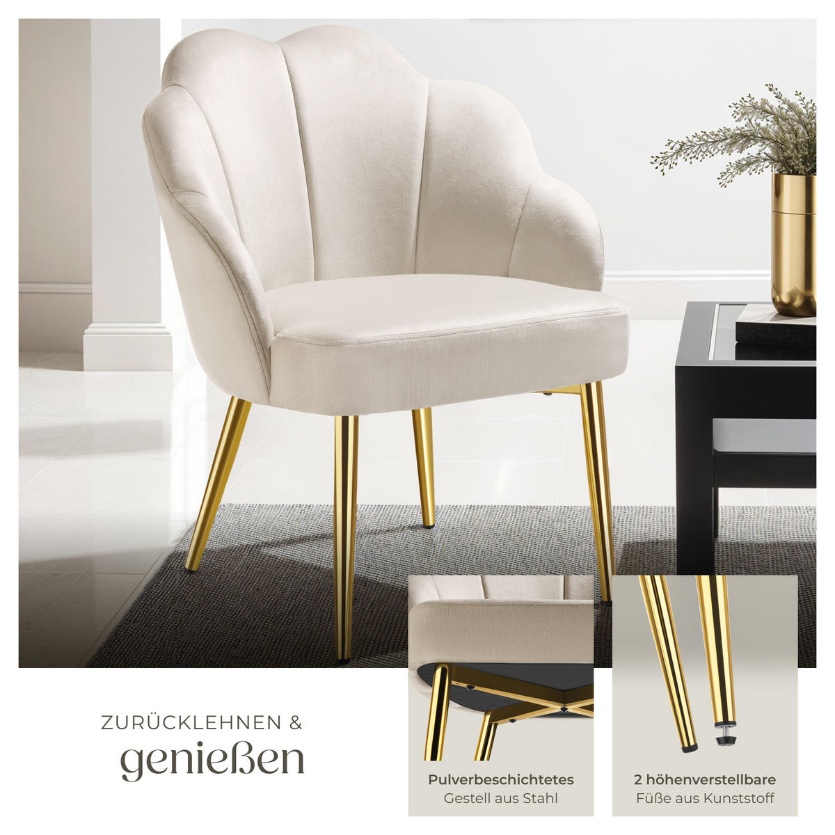 COCKTAILSESSEL 1er Set Hellen 66 x 62 x 80 5 cm creme/gold - Goldfarben/Creme, Textil (66/80.5/62cm) - tectake