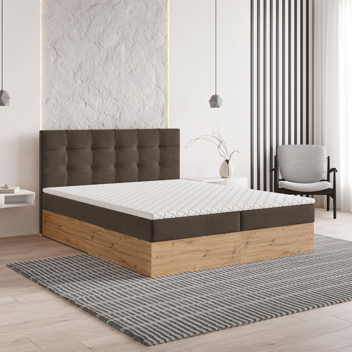 BOXBETT MOLVEN 140x200 cm mit Matratze und Topper - Braun - Braun, Holz (140/200cm) - MASSENO