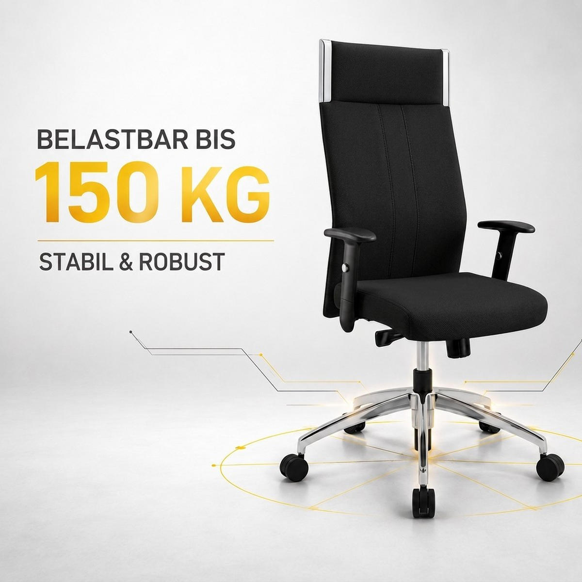 CHEFSESSEL Black-Line Stoff Schwarz - ergonomisch, 150 kg belastbar, Sitzhöhe 48-60cm - Schwarz, Kunststoff/Textil (68/121/60cm) - Versee