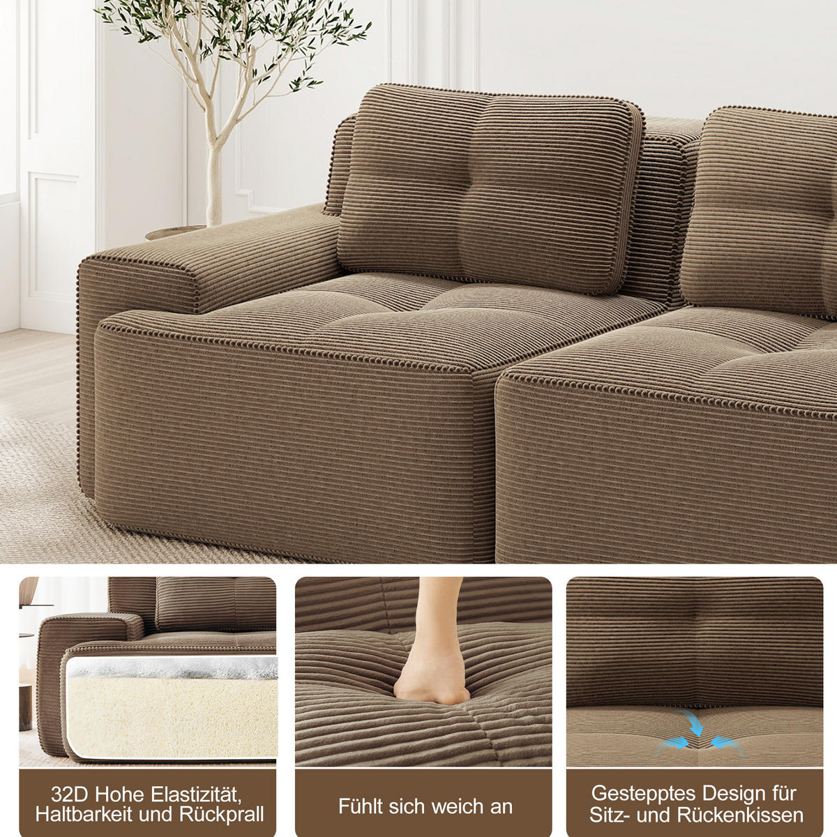 MODULSOFA aus Cordstoff Braun 293x177x69 cm mit Ottoman und rutschfester Unterseite - Braun, Textil (177/293cm) - IVMEU