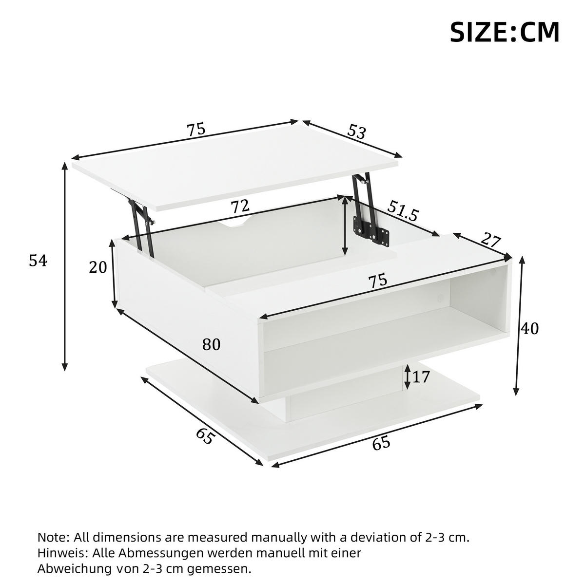 COUCHTISCH höhenverstellbar 80 x 75 x 40 cm Hochglanz Weiß mit Stauraum - Weiß, Holzwerkstoff (80/75/40cm) - Meubliv