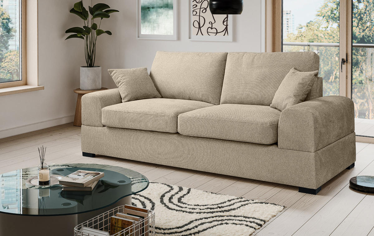 SOFA beige Strukturstoff, Couch 3-Sitzer 221 cm mit Premium Kaltschaum - Beige/Schwarz, Holz/Textil (221/90/93cm) - Inn.Furn