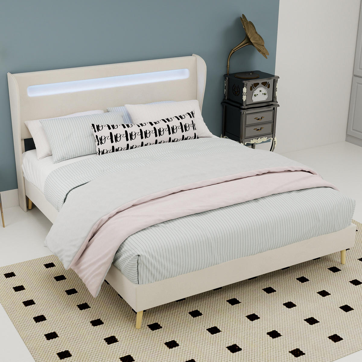 POLSTERBETT 140/200 cm beige aus Stoff und Metall mit LED-Kopfteil - Beige, Textil (140/200cm) - OKWISH