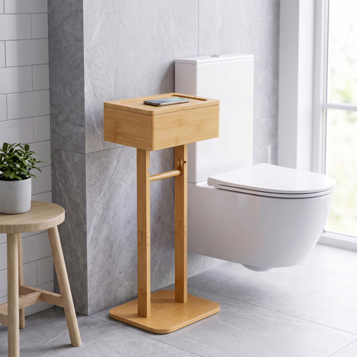 STOJAN Přírodní bambus na toaletní papír s úložným boxem - světle hnědá, dřevo (25/64.5/20cm) - Relaxdays