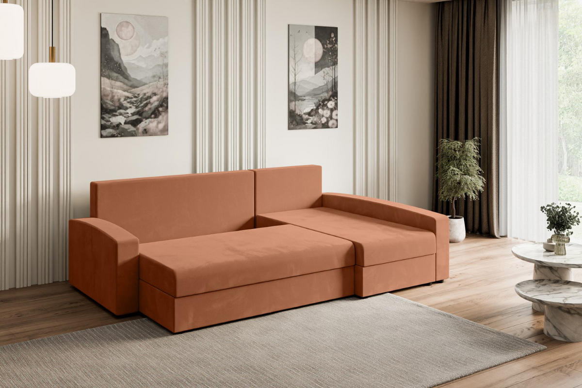 ECKSOFA mit Schlaffunktion und Bettkasten ALESIA-L 231x140x90 cm Koralle Velours - Koralle/Silberfarben, Holzwerkstoff/Kunststoff (231/140cm) - ALTDECOR