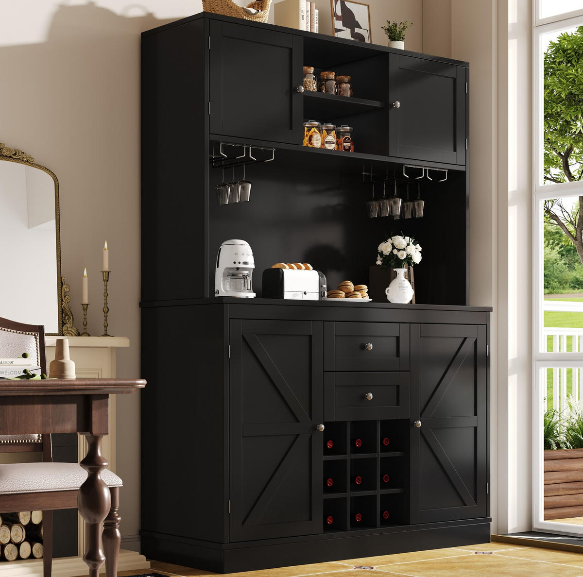 BUFFET 120/40/188 cm schwarz aus MDF mit Weinregal - Schwarz, Holzwerkstoff (120/188/40cm) - OKWISH