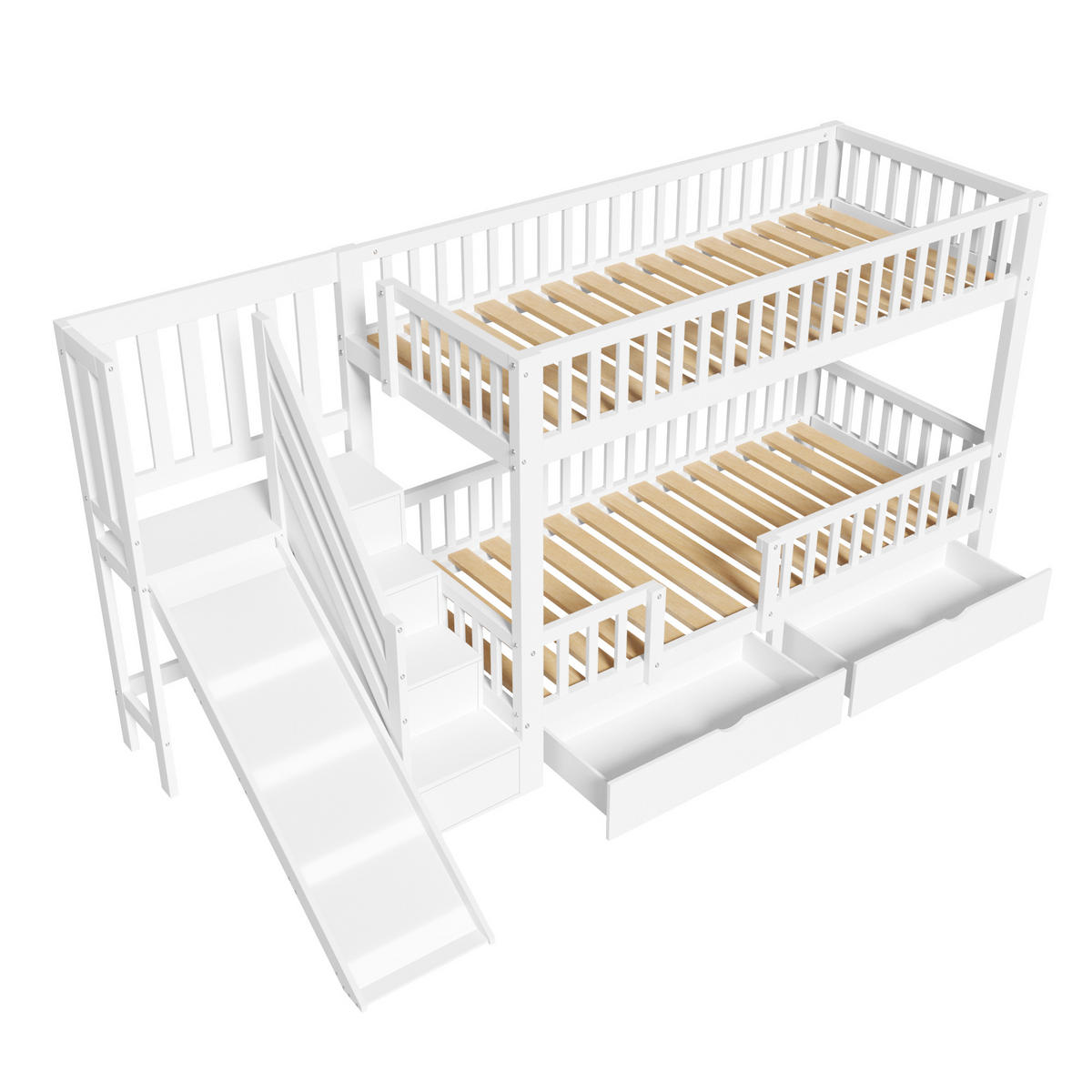 ETAGENBETT 90/200 cm in Weiß mit Rutsche, Treppe und 2 Schubladen - Weiß, Holz - BEAOK