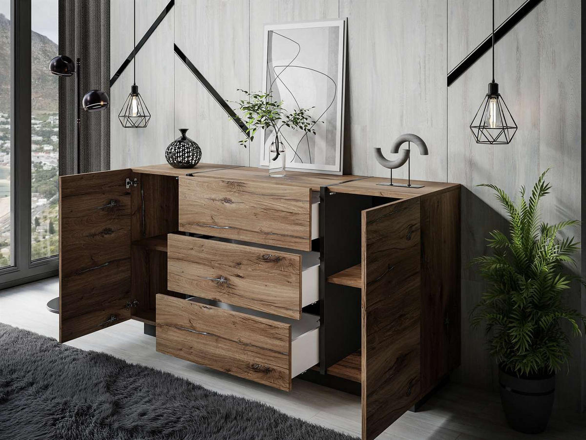 SIDEBOARD mit Schubladen ONYX LOFT Push Open - Eichefarben/Schwarz, Holzwerkstoff (158/81/41.3cm) - Lookway
