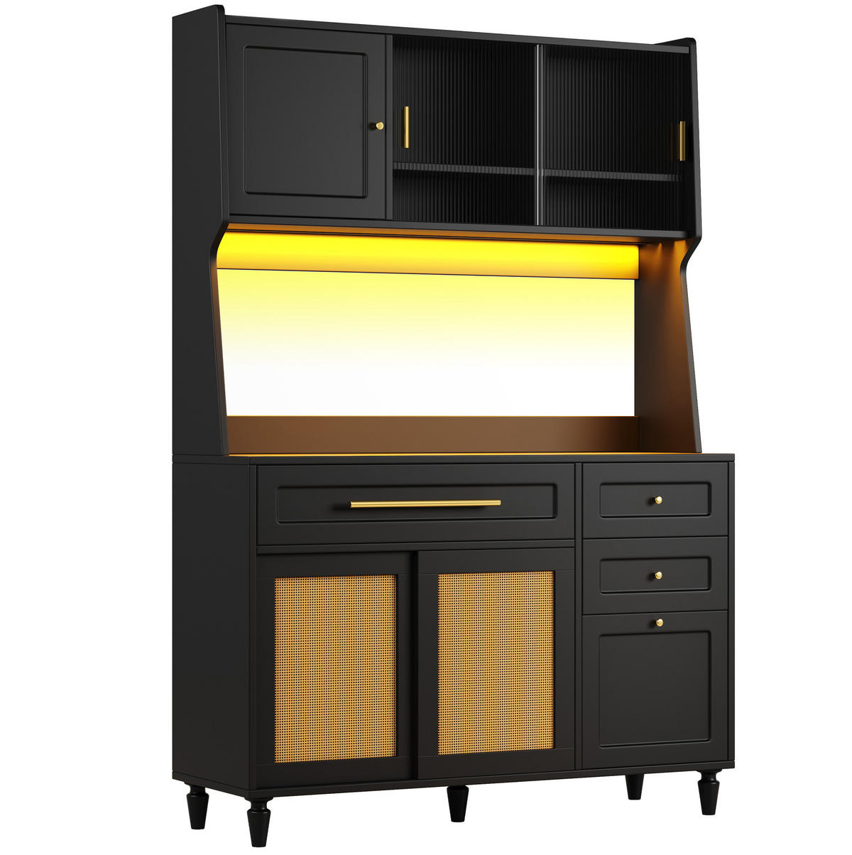 ANRICHTE 120/45/195,5 cm in Schwarz mit LED-Beleuchtung und 3 Schubladen - Schwarz, Holzwerkstoff (120/195.5/45cm) - Flora Grace