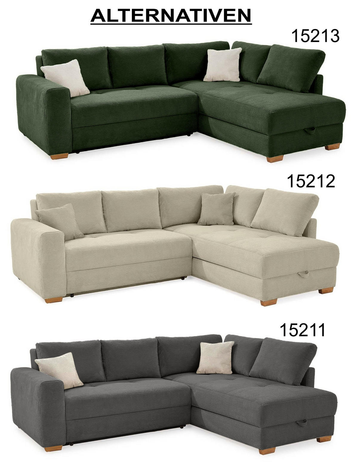 ECKSOFA-DAUERSCHLÄFER Boxspring Federkern Topper Bettkasten, seitenverkehrt montierbar B257/T206/H85 cm, Cord Grau Anthrazit / 15211 - Schieferfarben/Eichefarben, Holz/Textil (257/206cm) - luma-home