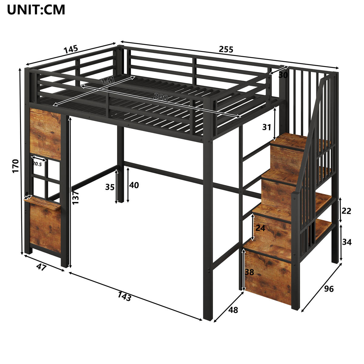 HOCHBETT 140/200 cm mit Eisenrahmen Schwarz, Ablageleiter und Stauraum - Schwarz, Metall