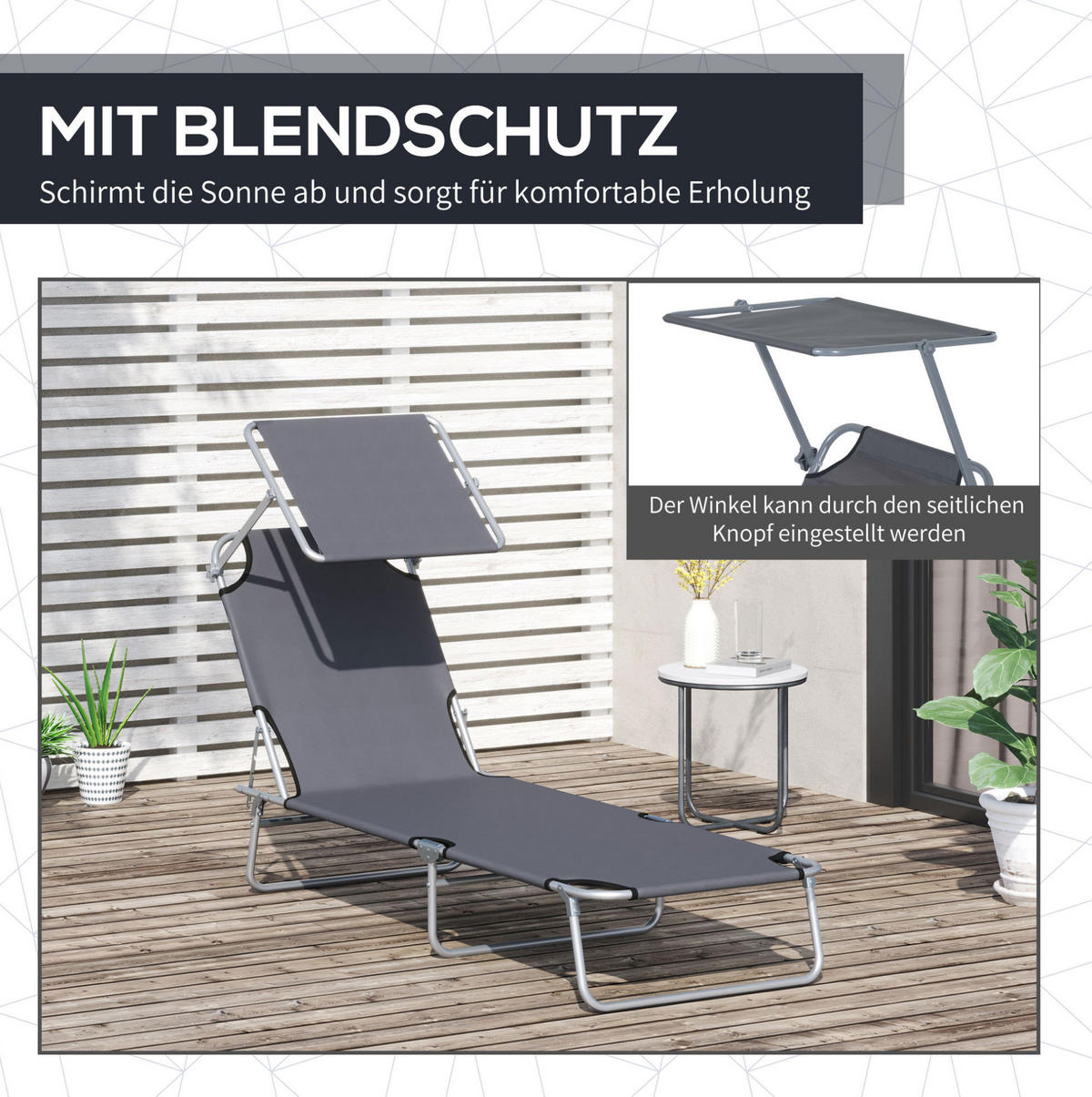 GARTENLIEGE 187/58/36 cm grau aus Metall klappbar mit Sonnendach - Grau, Metall (187/36/58cm) - OKWISH