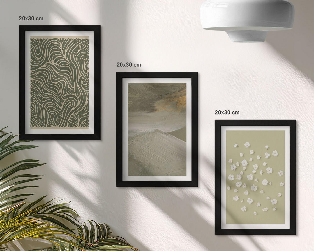 WANDBILDER 3er-Set - 20x30 cm Schwarzer Rahmen - Abstrakte florale Wellenmuster - Schwarz, Kunststoff (20/30cm) - ArtPrintCave