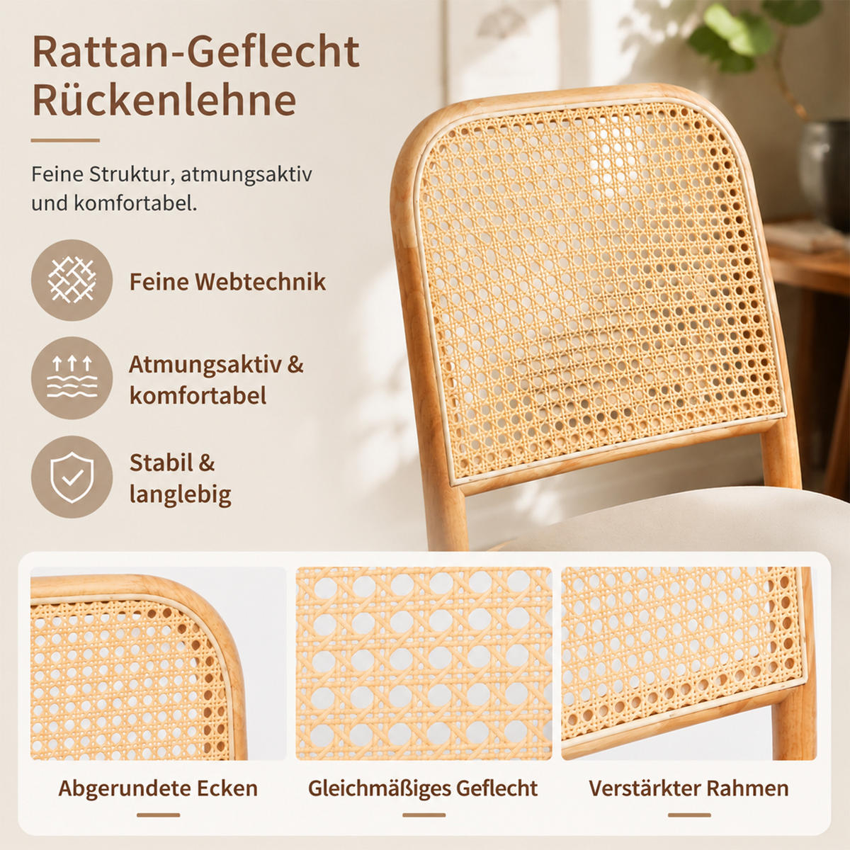 ESSZIMMERSTÜHLE 6er-Set Massivholz Rattan Leinen Holz - Naturfarben, Holz (52/84/45cm) - FLIEKS