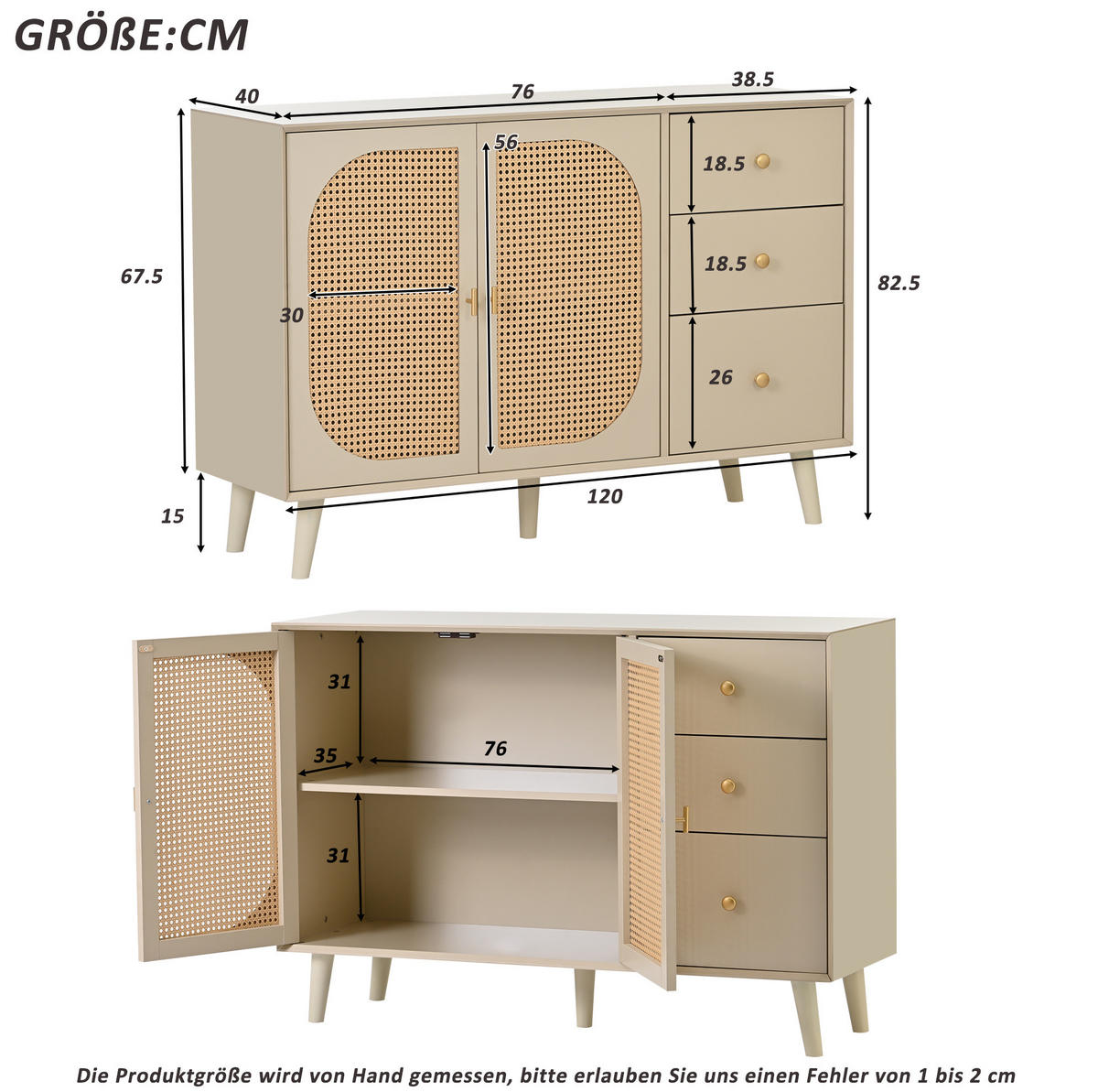 SIDEBOARD mit 2 Türen und 3 Schubladen, Offwhite mit Rattangewebe, 120/40/82,5 cm, Ecru - Ecru, Holzwerkstoff (120/82.5/40cm) - Redom