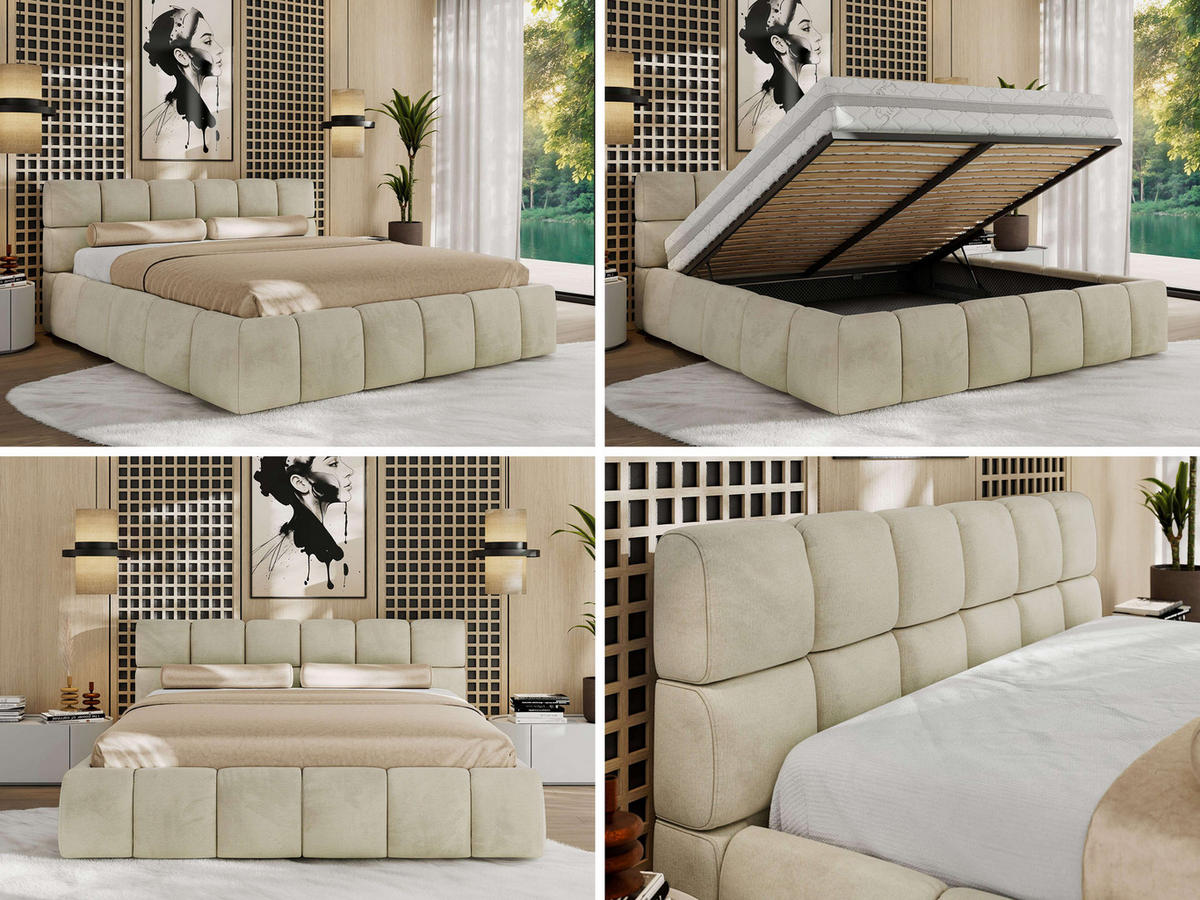 POLSTERBETT NIRA CLASSIC 140/200 - Beige Velvet - Pocket-Matratze - Beige, Textil (140/200cm) - MKS