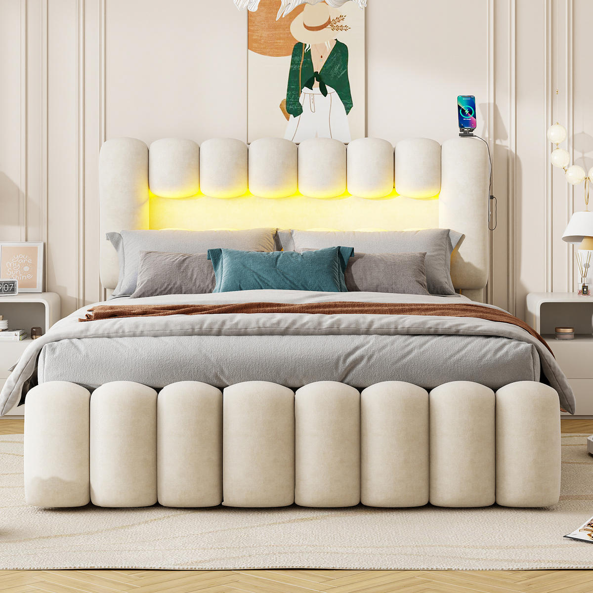 POLSTERBETT mit 4 Schubladen 160x200 cm Samt Beige mit LED, USB und Lautsprechern - Beige, Metall (160/200cm) - Meubliv