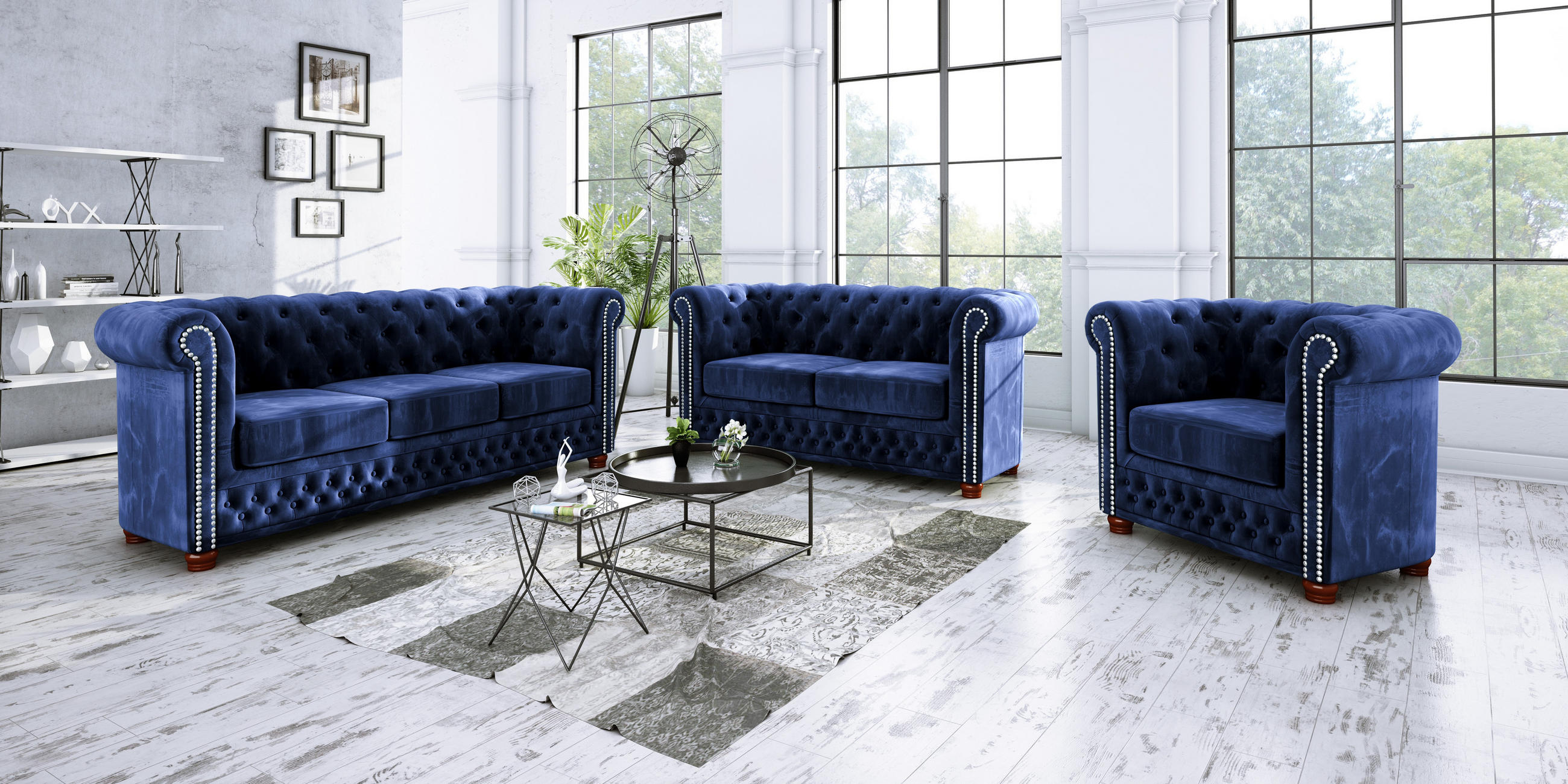 SITZGARNITUR 3+2+1 Chesterfield Lauren Marineblau Samt - Dunkelblau/Braun, Holz/Textil (203/72/86cm) - S-Style Möbel