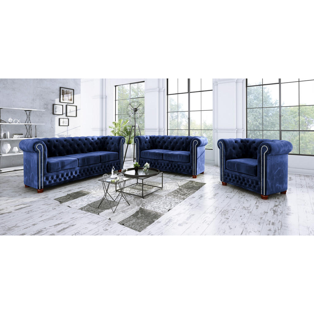 Thumbnail - S-Style Möbel Chesterfield-Sofa, Dunkelblau, Textil, Echtholz,Buche, Birke, 3-Sitzer, Füllung: Polyetherschaumkern, 203x...