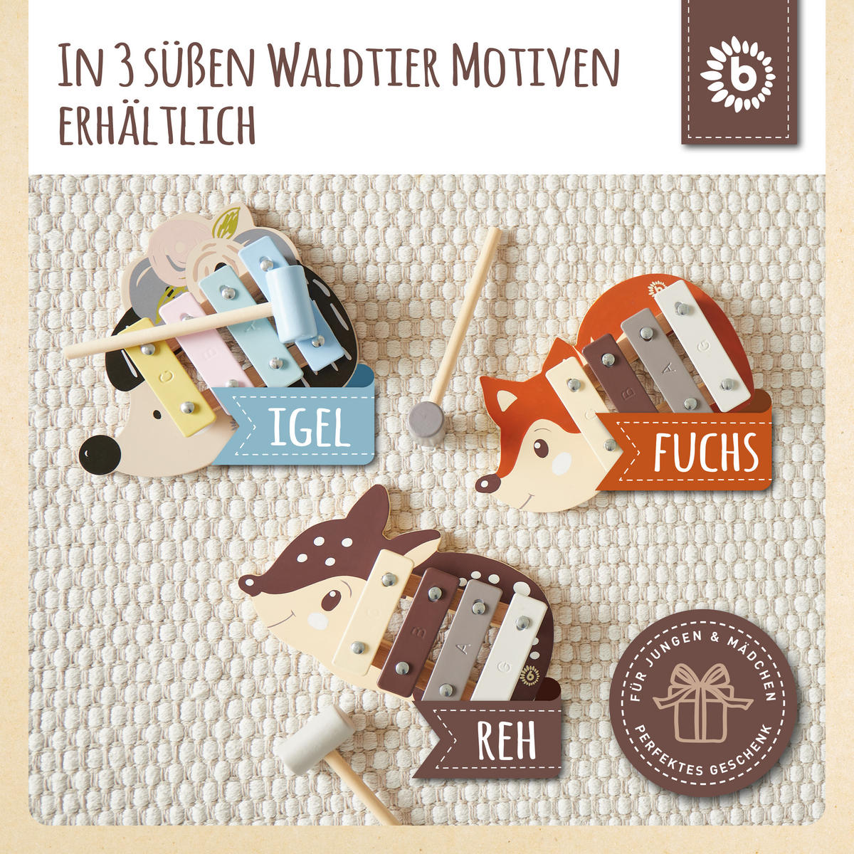 XYLOPHON Reh - ab 12 Monate - Multicolor, Holz (17/3/17.4cm) - Bieco Spielwaren