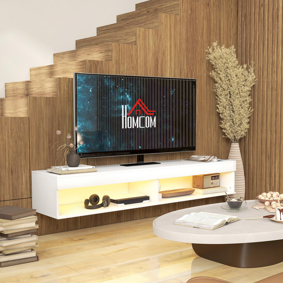 TV-LOWBOARD Weiß 180/40/30 cm, Hängend, LED-Beleuchtung, 2 Klappen - Weiß, Holz (180/30/40cm) - PANGIVO
