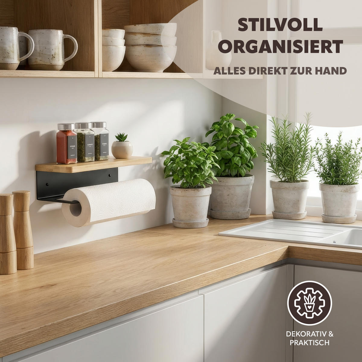 KÜCHENROLLENHALTER mit Bambusablage - Schwarz, Metall (32/9.5/13cm) - eluno