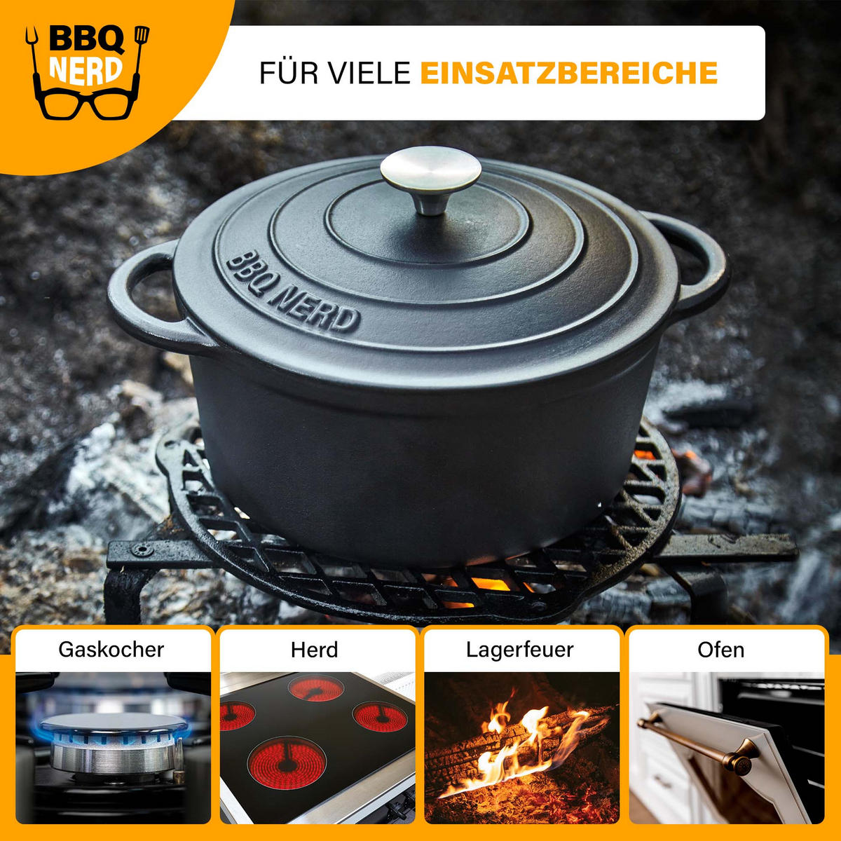 BRÄTER Gusseisen emailliert 4L - Feuertopf Topf Cocotte Gusstopf - Schwarz, Metall (26/14/26cm) - BBQ Nerd