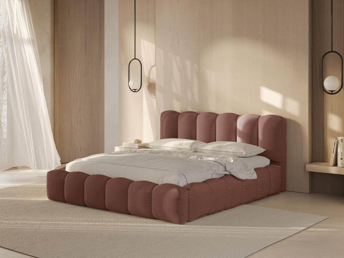 BETT mit Bettkasten und Kopfteil Lupine aus strukturiertem Stoff beige 200x200cm - Beige, Textil (200/200cm) - Micadoni